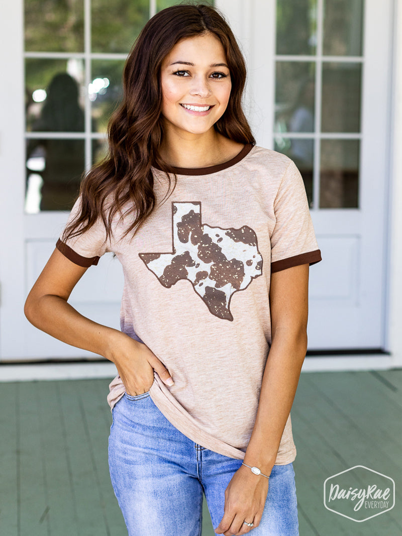 Cow Print TX Patch on Oatmeal Ringer Tee