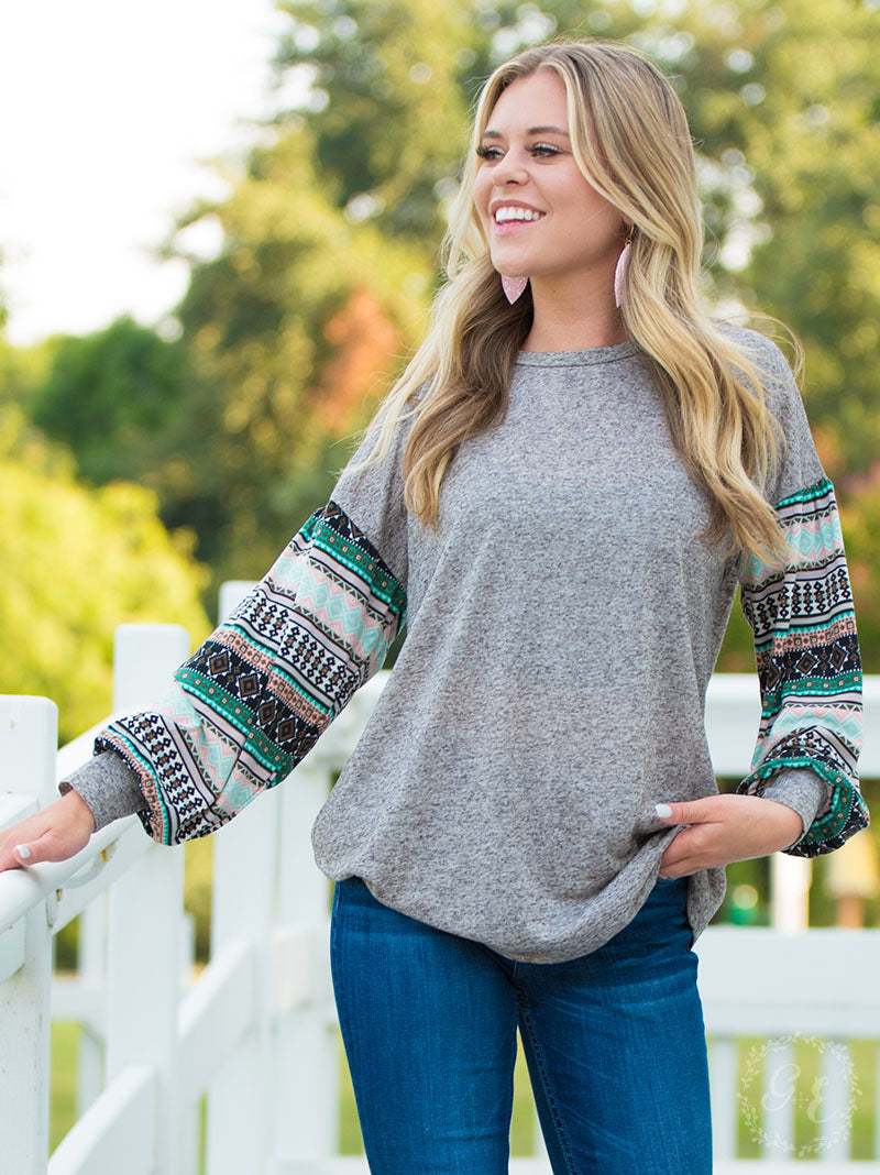 Weekend Ready Top with Icy Aztec Print Sleeves