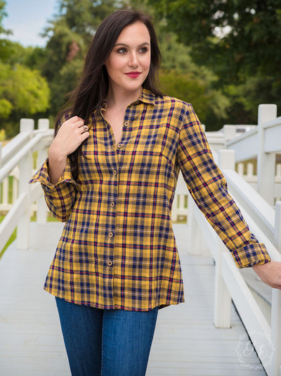 As If Yellow Plaid Button Down Top with Gold Sequins