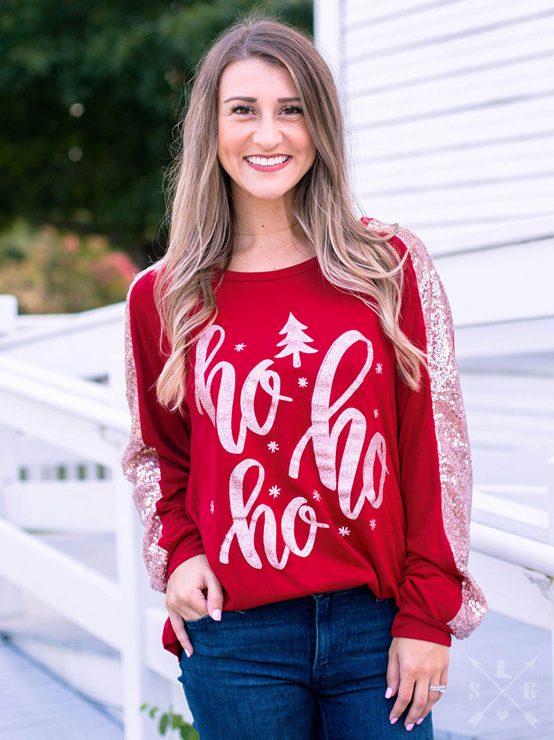 HoHoHo on Dark Red Long sleeve with Sequin Inset