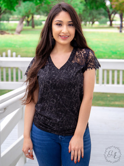 Lost in a Fog V-neck Tee With Lace Sleeve