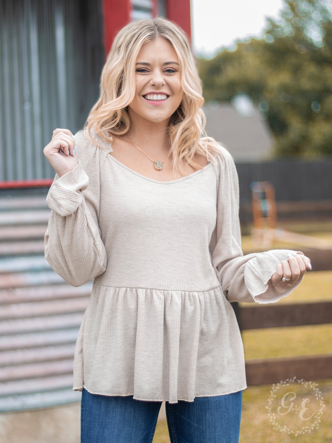 How 'Bout Those Ruffles Long Sleeve With Neck Line Ruffles, Beige