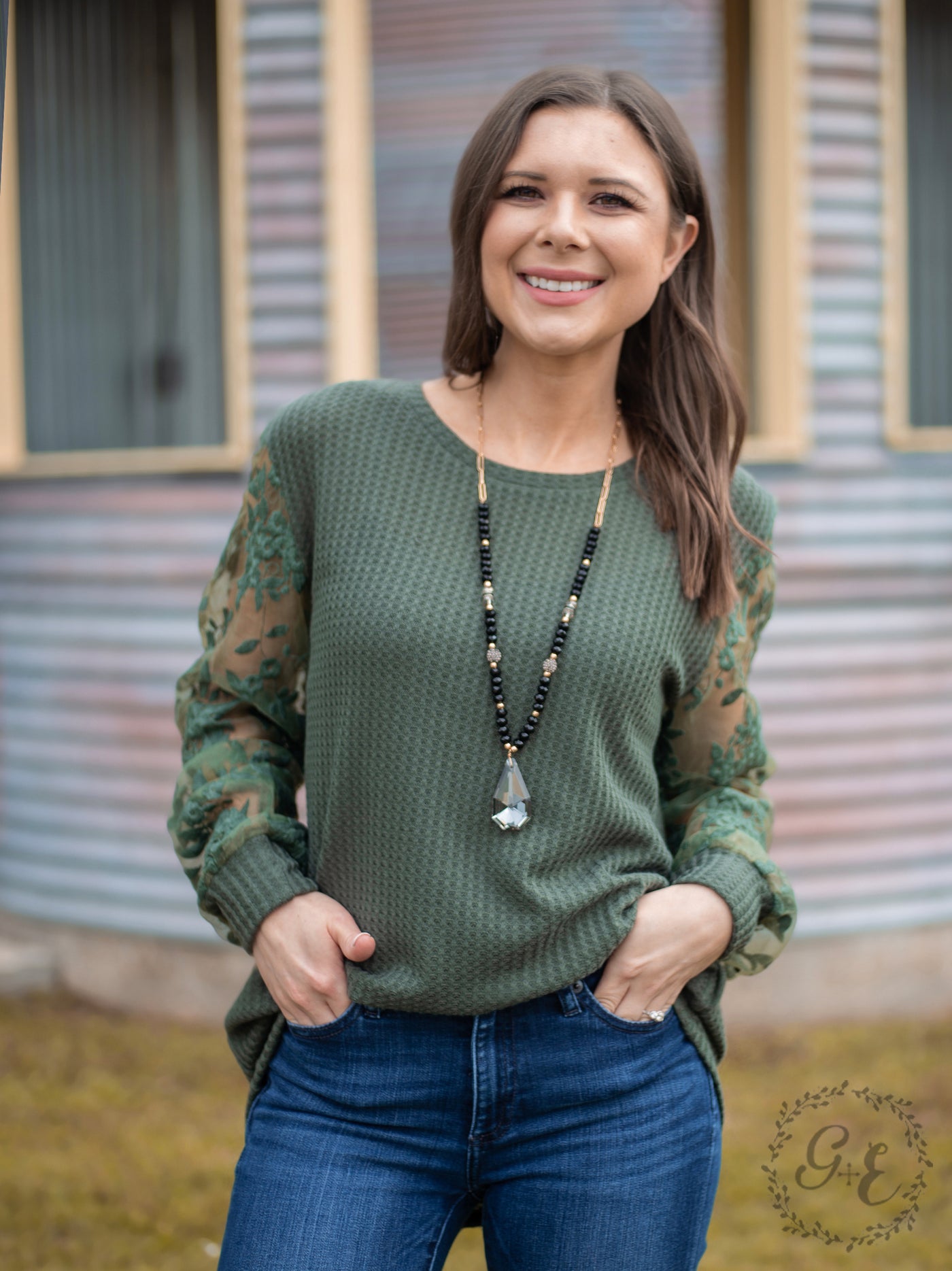 Don't MESH With Me Top With Floral Mesh Sleeves, Green
