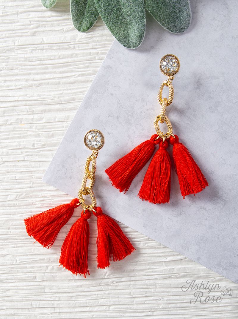 Speak to Me with Gold Chains Tassel Earrings, Red