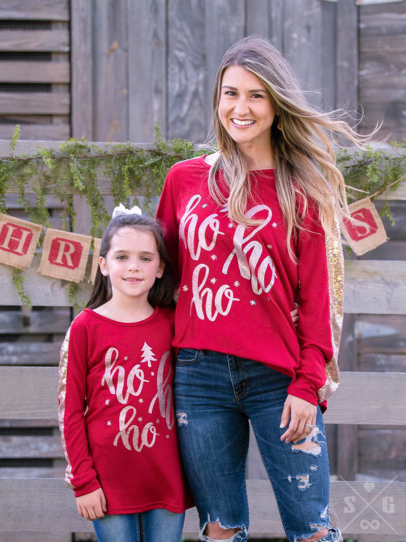 HoHoHo on Dark Red Long sleeve with Sequin Inset