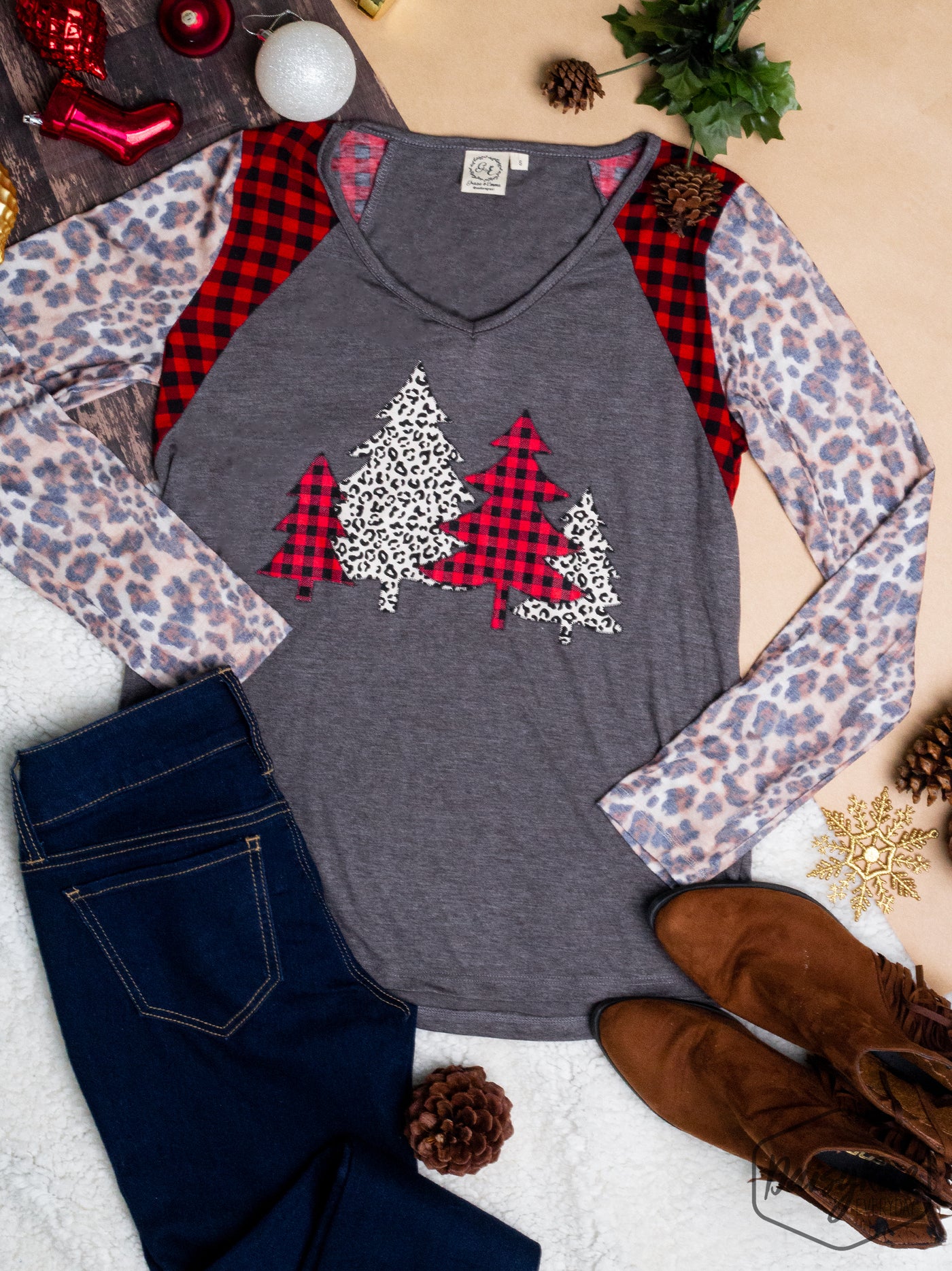 Festive Forest on I Will Survive V Neck with Long Sleeve, Buffalo Plaid