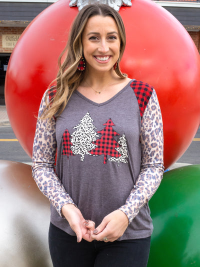 Festive Forest on I Will Survive V Neck with Long Sleeve, Buffalo Plaid