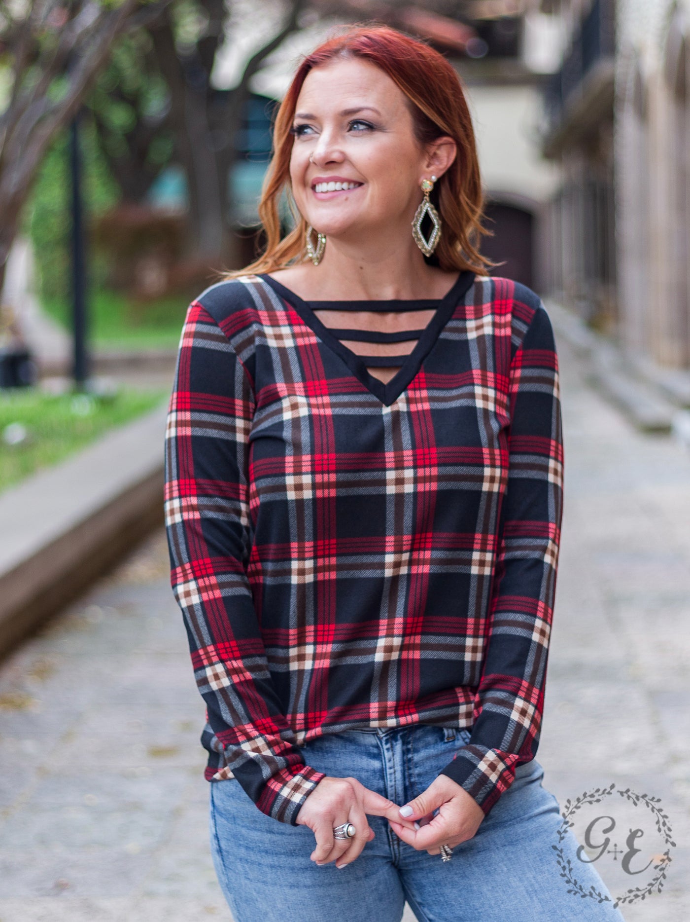 All About Fall with Caged V Neck Long Sleeve, Red