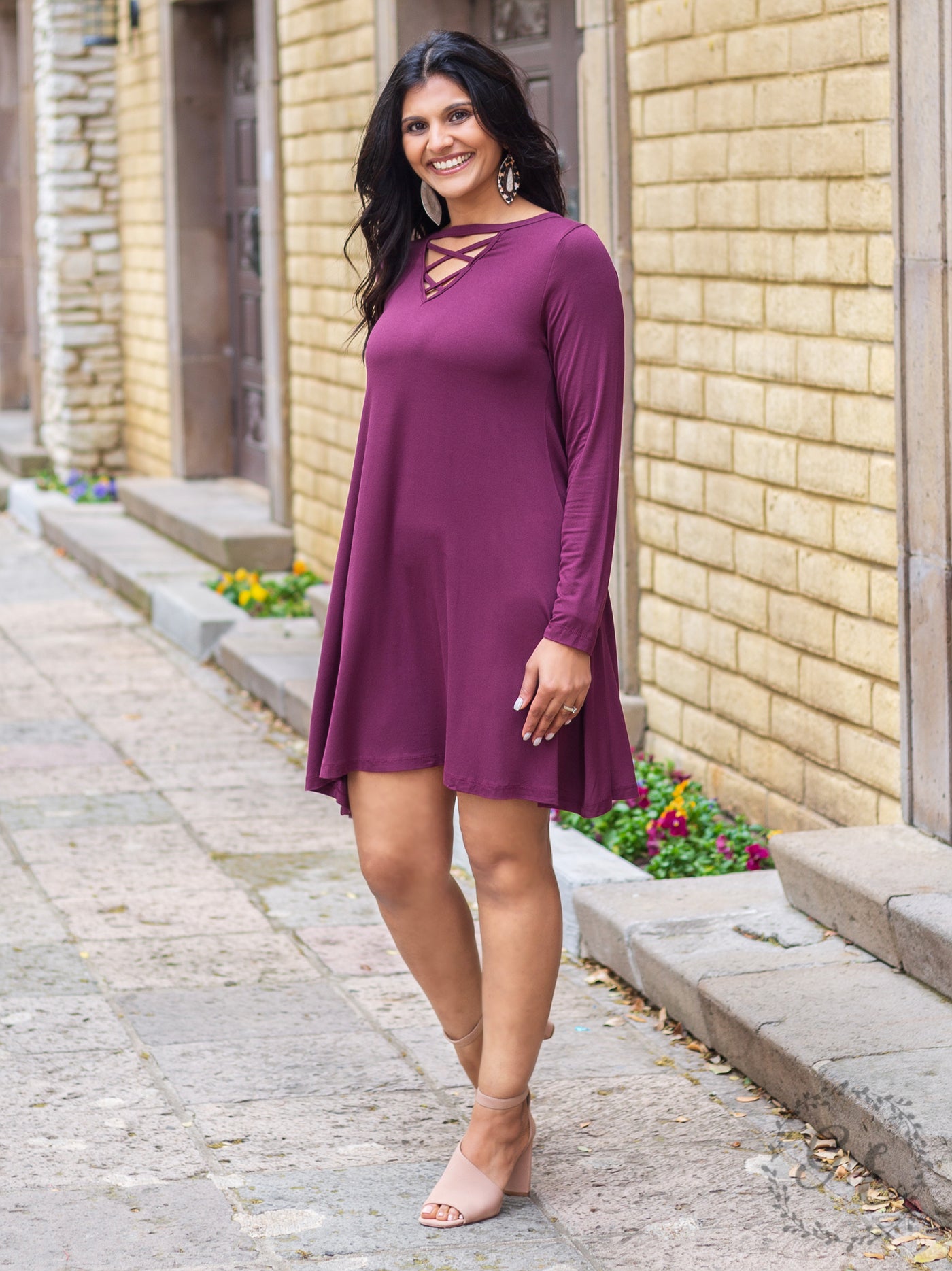 Too Bougie to Be Basic Dress with Caged V Neck and Long Sleeve, Plum