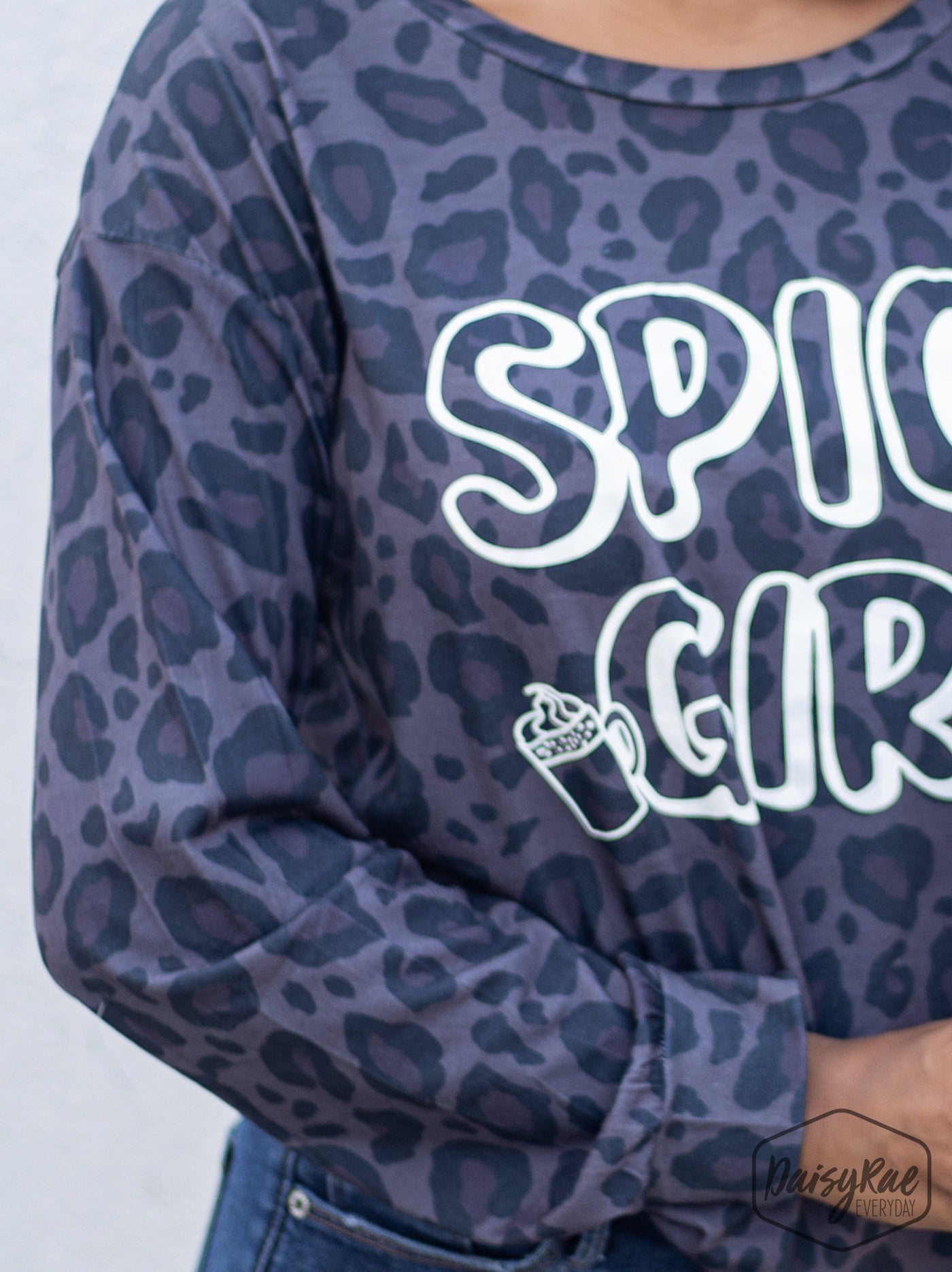 Spice Girl Leopard Crew Neck Long Sleeve Tee, Dark Grey