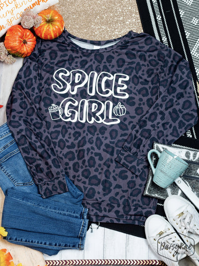 Spice Girl Leopard Crew Neck Long Sleeve Tee, Dark Grey