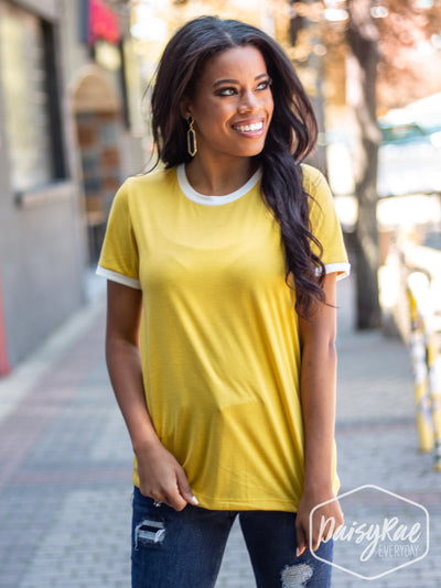 Trim It Down Short Sleeves Ringer T-Shirt, White And Mustard