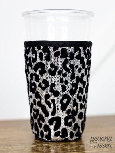 Leopard Sequin Sleeve Drink Holder with Black Neoprene Handle