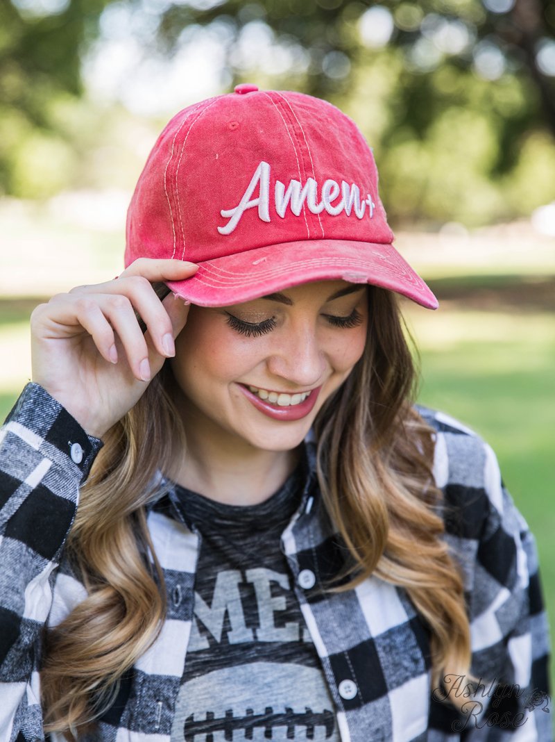 White Amen Embroidery on Bright Red Hat