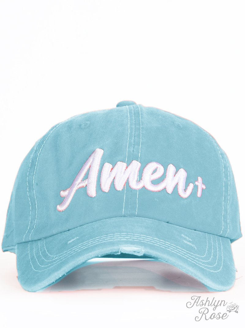 White Amen Embroidery on Turquoise Hat