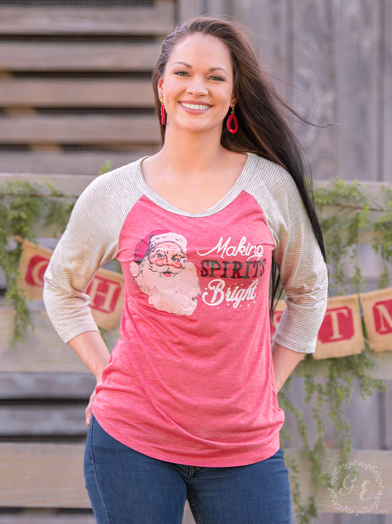 Making Spirits Bright on Faded Red Raglan with Striped Sleeves