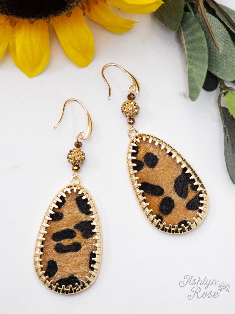 Teardrop Earrings with Gold Border, Light Brown Leopard