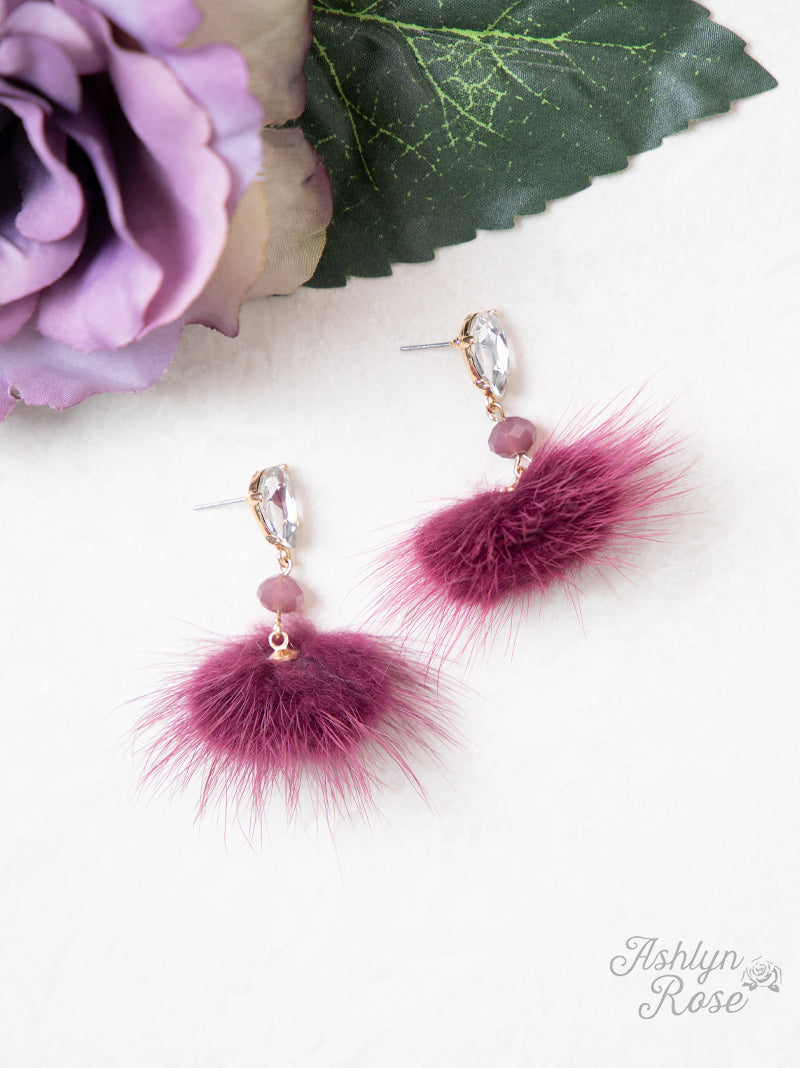 Hearts on Fire Fluffy Pom Pom Earrings, Purple