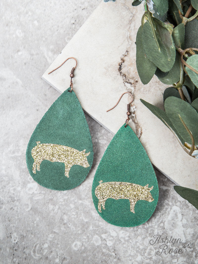 Teardrop Earrings with Gold Glitter Pig, Turquoise