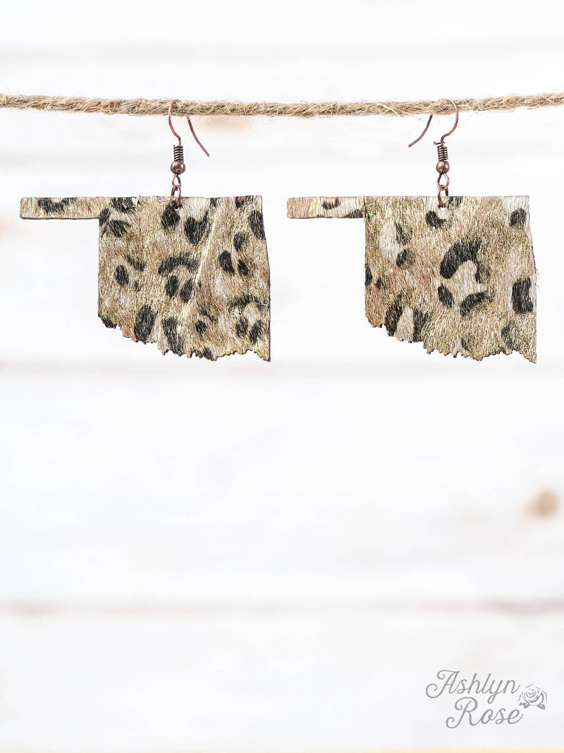 Leopard Print Oklahoma with Gold Shimmer Earrings, Copper
