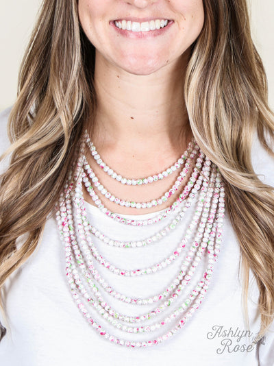 To the Nines Multi Layered Forest Green Necklace with Pink Splatter, Gold