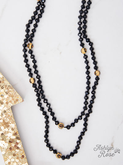 Curious Crystals, 60" Double Wrap Beaded Necklace in Black 8MM