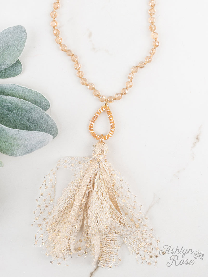So in Style Beaded Necklace with Teardrop Pendant and Lace Tassel