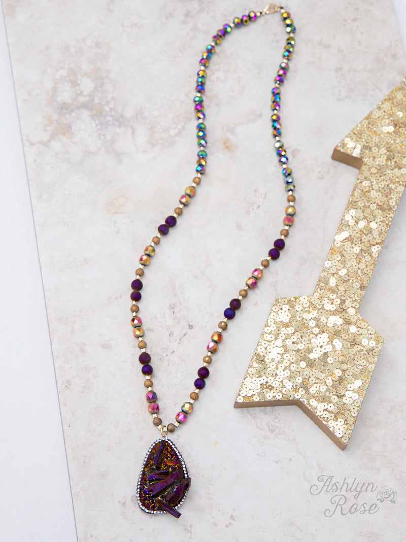 Mystic Wonder Beaded Necklace with Dimensional Stone Pendant, Plum