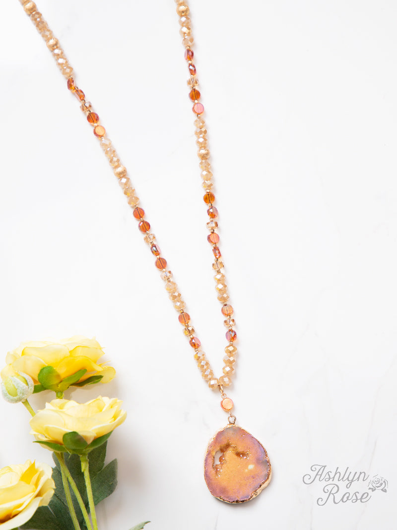 Glittering Geode Beaded Necklace with Stone Pendant, Champagne