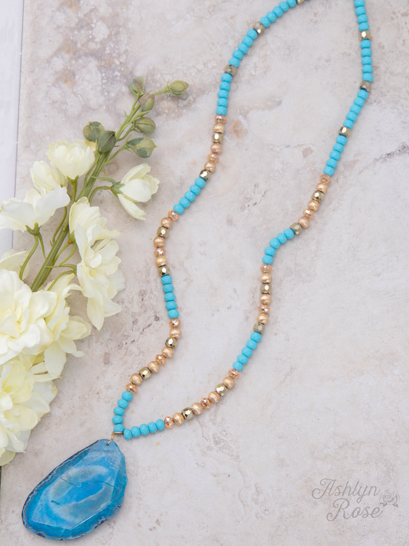Nature's Beauty Beaded Necklace with Stone Pendant, Turquoise