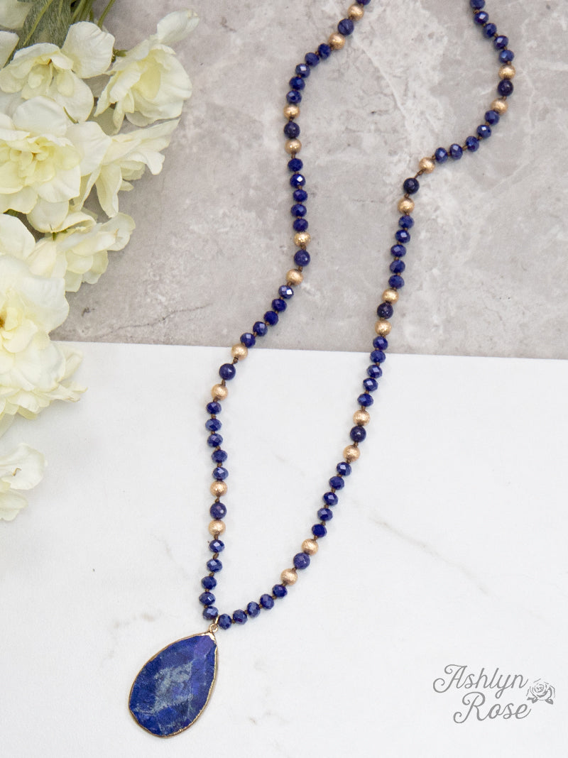 Nature's Beauty Beaded Necklace with Stone Pendant, Blue