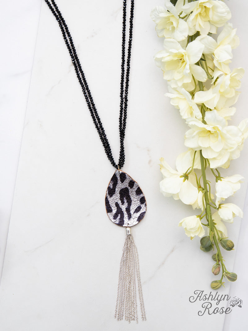 Make her Sparkle Leopard Teardrop Necklace with Chain Tassel, Silver