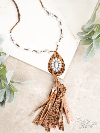 Set In Stone Leopard and Stone Nugget Tassel Necklace, White and Rose Gold