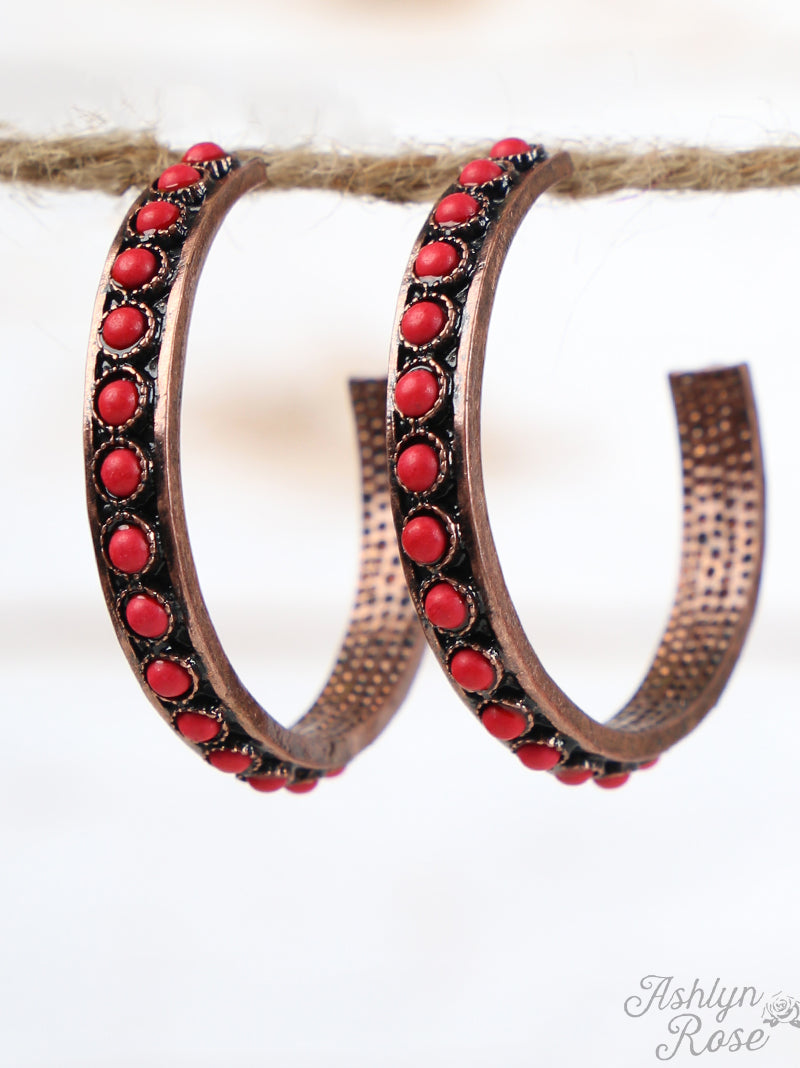 Small Red Stone Beaded Hoop Earrings, Copper