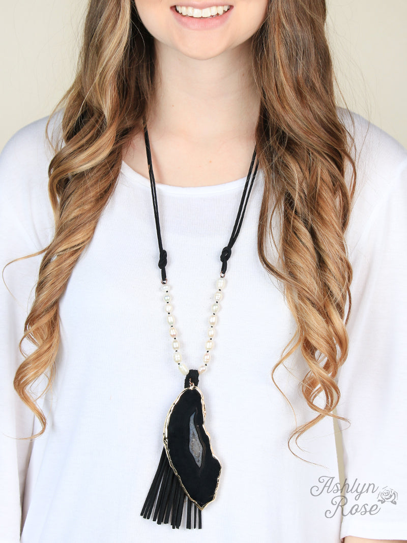 Hickory Natural Stone Necklace with Pearl Beading & Leather Tassel