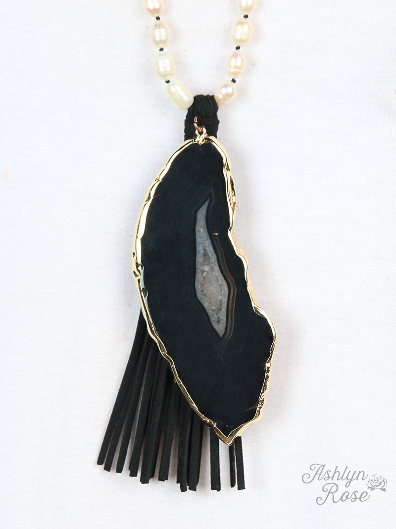 Hickory Natural Stone Necklace with Pearl Beading & Leather Tassel