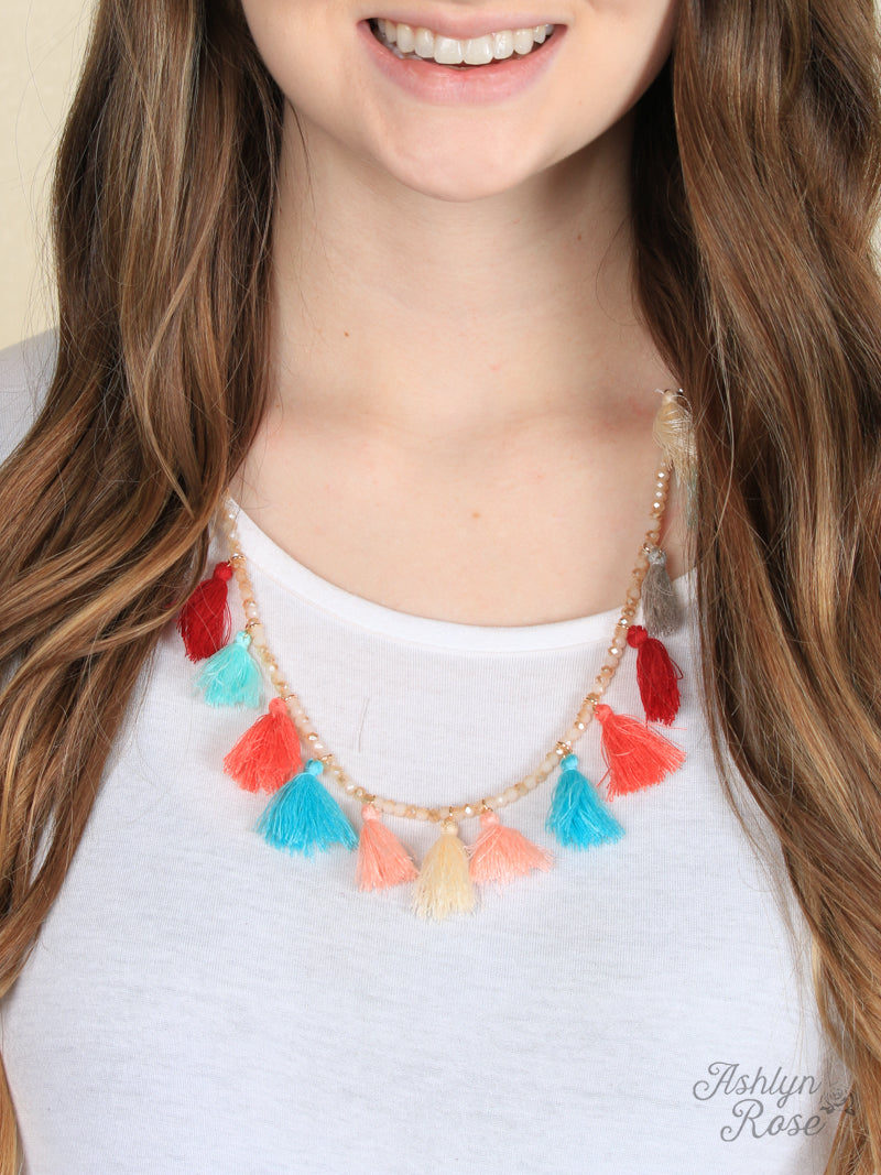 Tassel Drama Necklace, Multi with Red
