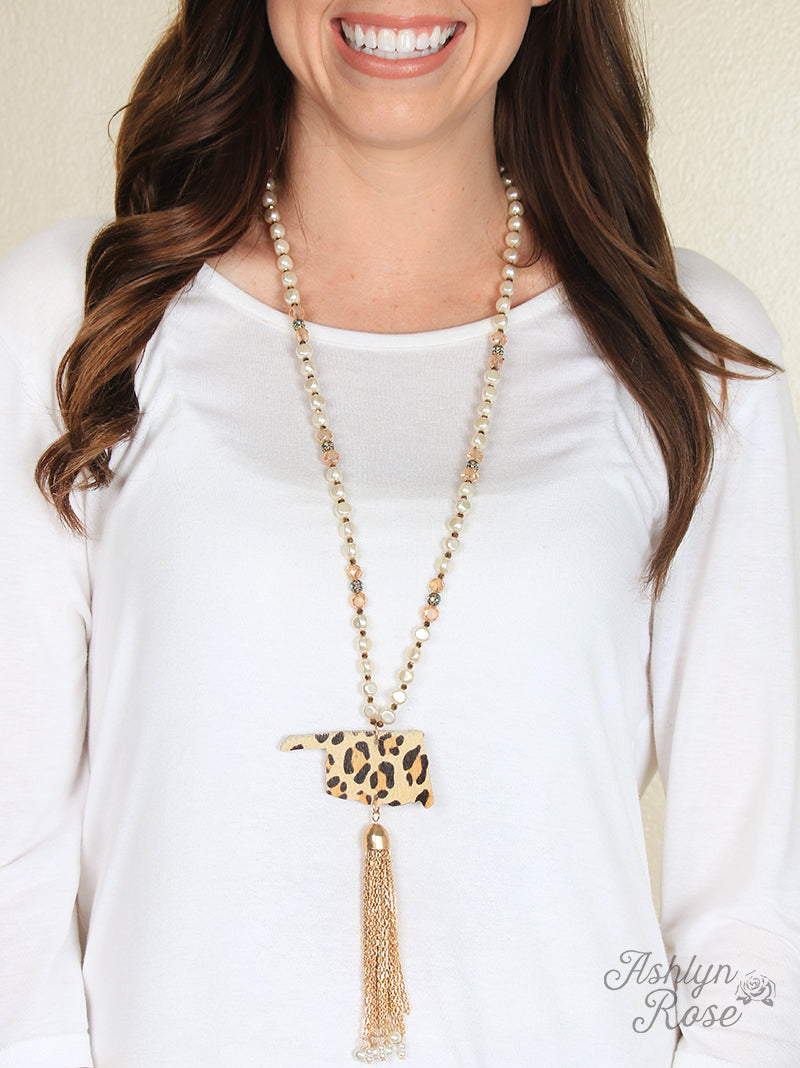Leopard Hide Arkansas Necklace with Gold Chain Tassel