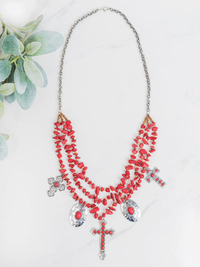 Tri-Strand Red Beaded Necklace with Silver & Copper Crosses