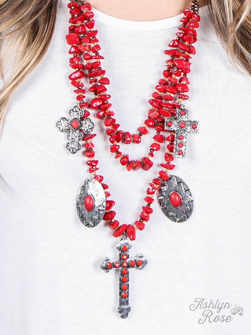 Tri-Strand Red Beaded Necklace with Silver & Copper Crosses