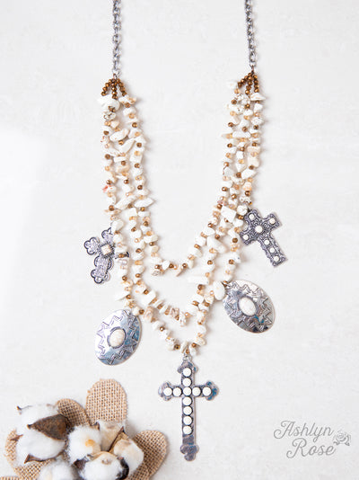 Tri-Strand White Beaded Necklace with Silver & Copper Crosses