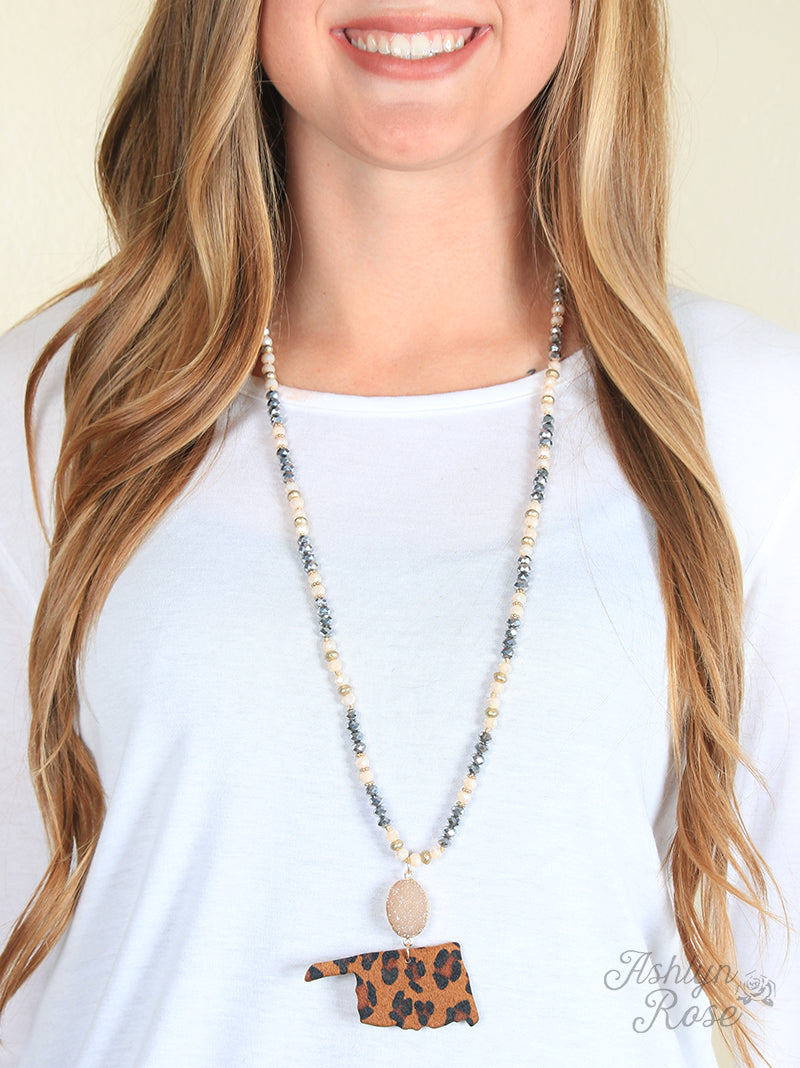 Long Beaded Necklace with Druzy Stone and Hide Leopard Oklahoma Pendant
