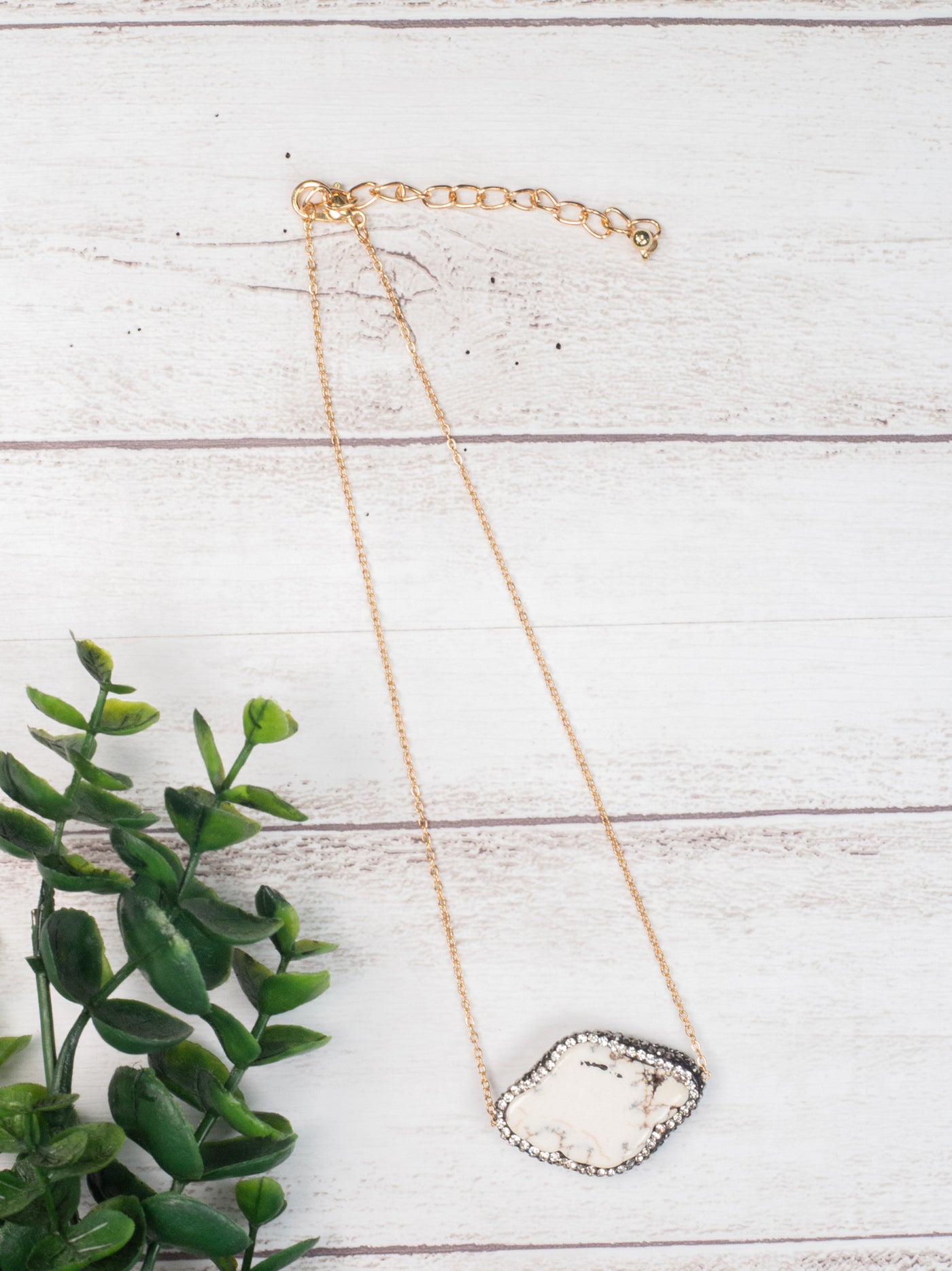 Cream Stone Pendant with Clear Crystal Accents on Gold Chain Choker