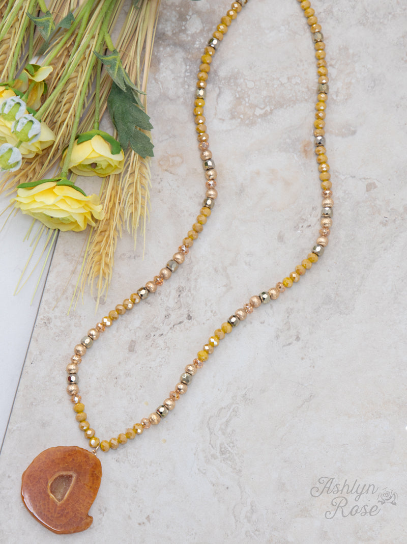 Nature's Beauty Beaded Necklace with Stone Pendant, Mustard
