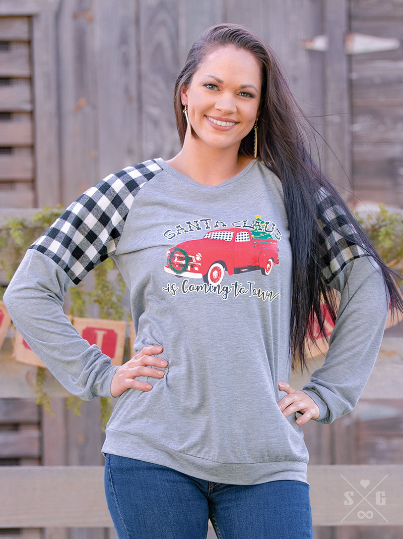 Santa Claus is Coming to Town on Heathered Grey Longsleeve with Flannel Gingham Insets