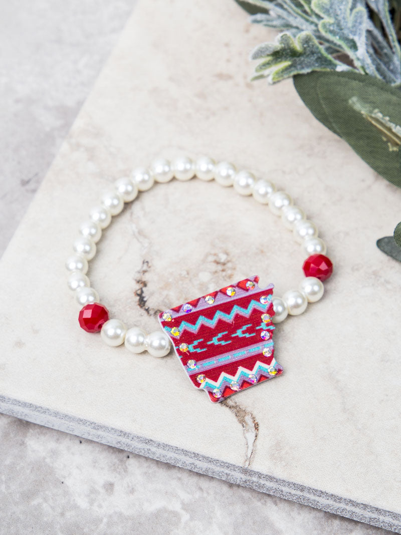 Red Aztec Print Arkansas Bracelet with AB Crystals