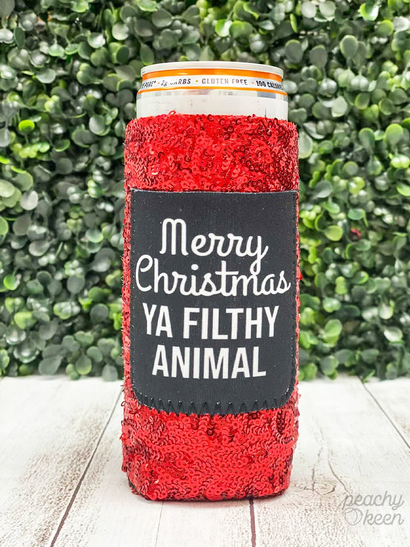 Merry Christmas Ya Filthy Animal Sequin Slim Can Cooler
