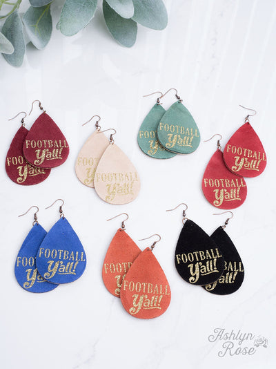 Football Y'all Suede Football Earrings, Beige with Gold Glitter