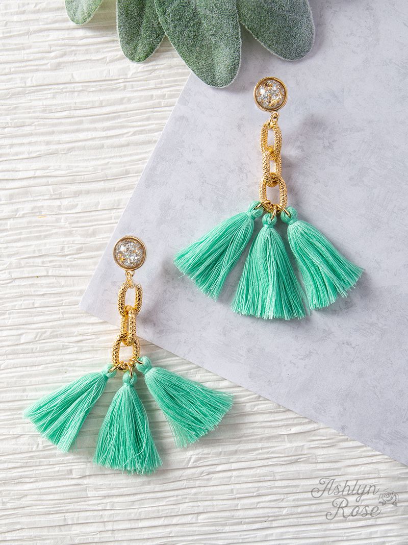 Speak to Me with Gold Chains Tassel Earrings, Mint