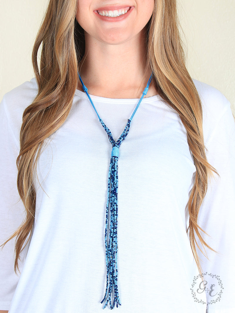 Leather and Beaded Tassel Necklace in Blue, Gold